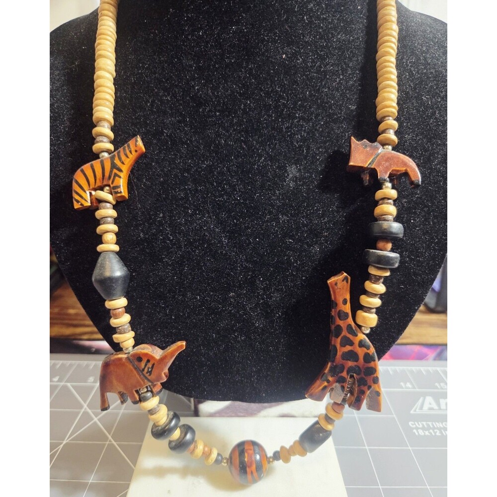 African Large Hand Carved Wooden Safari Animal Beads 28” Necklace Vintage